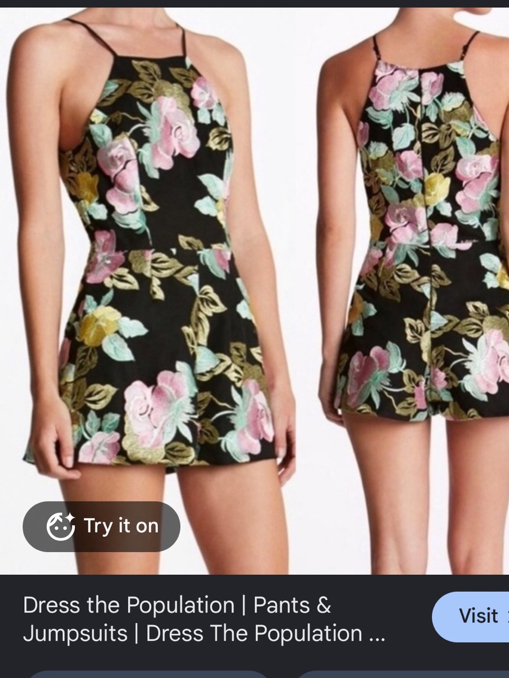 Women’s Black Floral Halter Romper in Pink & Green
